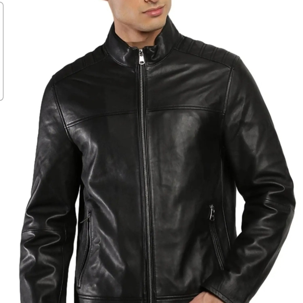 Calvin Klein Men's Black Leather Bomber Jacket with Zip Front